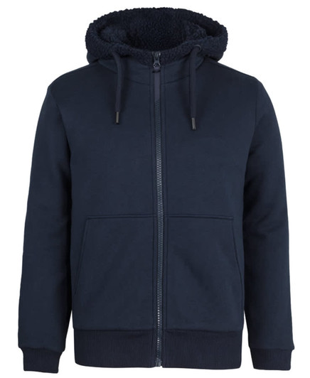 A navy blue full zip hoodie featuring a soft, lined hood and front pockets. It has a branding logo.