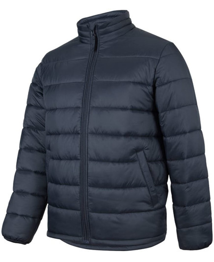 A navy puffer jacket with a zip front and long sleeves, featuring vertical quilted detailing and a logo.
