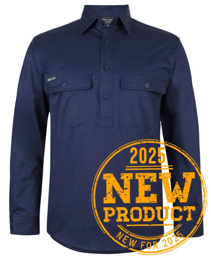 A navy long-sleeve work shirt with a close front and two chest pockets, featuring a branding logo.