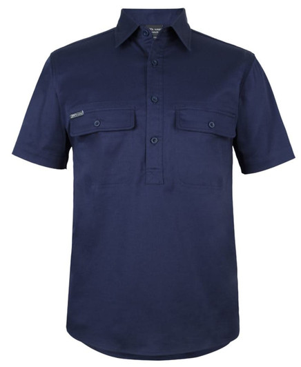 A navy short-sleeve work shirt featuring a close front design and two chest pockets. It has a logo on one pocket.