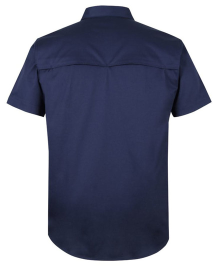 A navy blue short-sleeved work shirt with a close front, featuring a smooth back design and a logo.