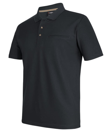 A black polo shirt made of recycled polyester, featuring a pocket and a logo on the collar.