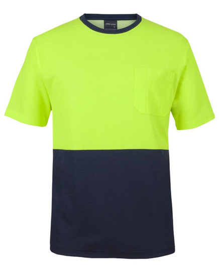 A short-sleeved T-shirt in bright yellow with a navy blue lower section and a pocket on the front. Includes a logo.