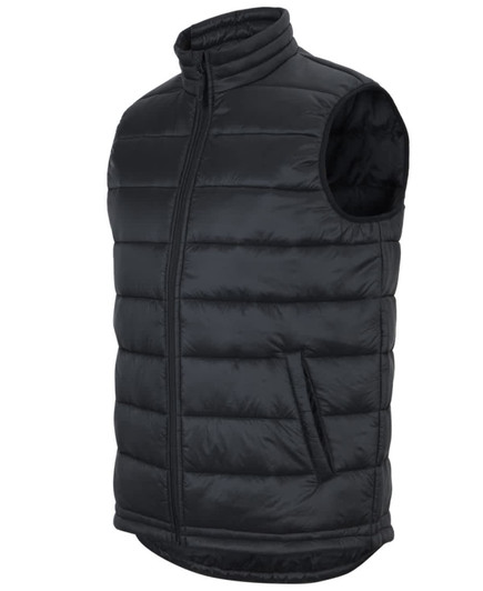 A black urban puffer vest with a zip front and side pockets, featuring a branding logo.
