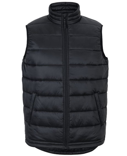 A black puffer vest with a high collar and zip front, featuring zippered side pockets and a logo.