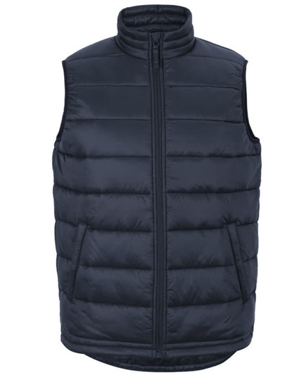 A dark navy puffer vest with a high collar, front zip, and side pockets. It features a logo on the front.
