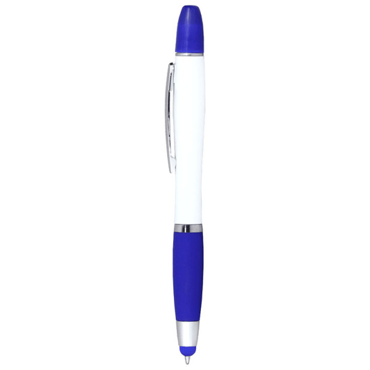 A blue and white ballpoint pen with a blue grip and a branding logo.