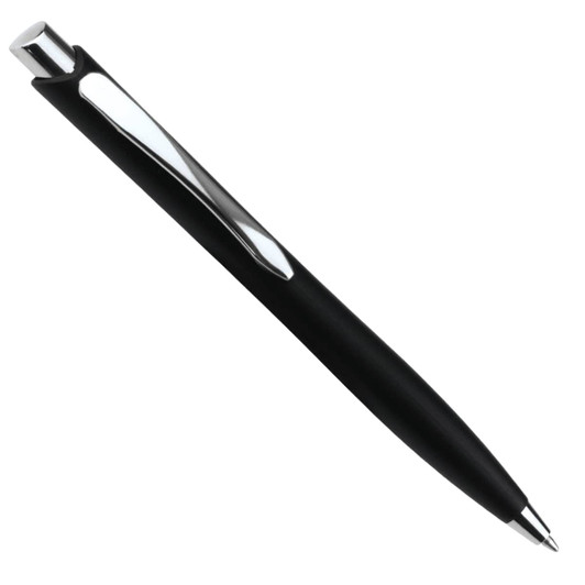 A black ballpoint pen with a click action and a silver clip, featuring a sleek, modern design.