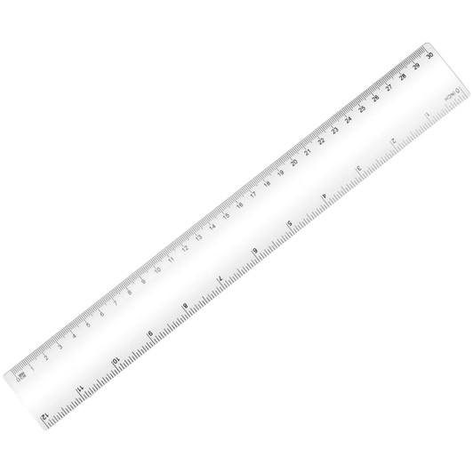 A transparent 30cm ruler featuring measurements along one edge and a branding logo.