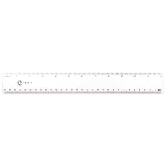 A clear plastic 30cm ruler featuring measurement markings and a branding logo. Suitable for office or educational use.