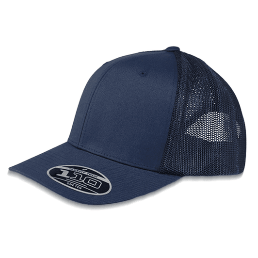 A navy blue mesh trucker cap with a rounded crown and a mesh back, featuring a logo on the front.