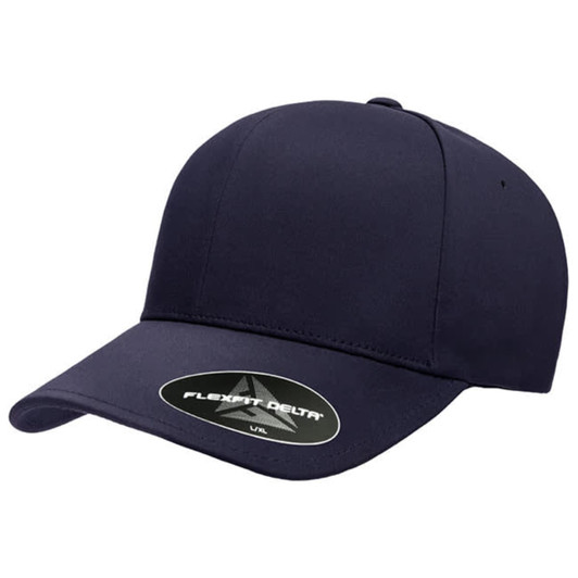 A navy blue 180 FLEXFIT® DELTA® Cap with a curved brim and a branded logo.