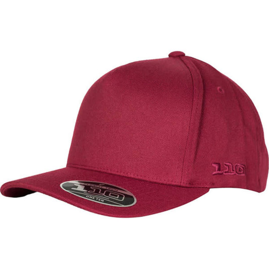 A burgundy FLEXFIT® 110 cap featuring a structured design and a branded logo.