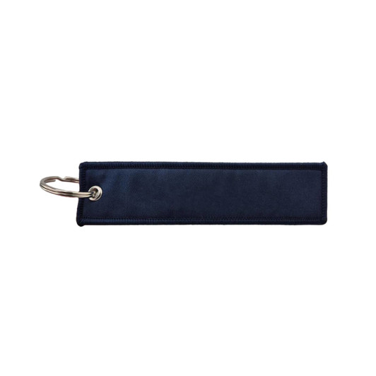 A navy woven keytag with a metal ring for attaching keys or accessories, featuring a logo.