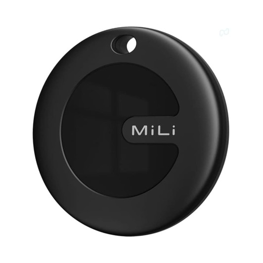 A round, black tracking tag with a central button and a small hole for attachment, featuring a logo.