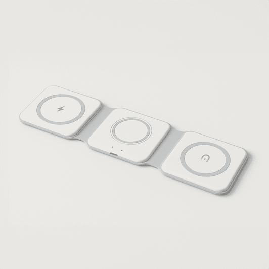 A white Matrix 3-in-1 MagSafe wireless charger with three circular charging areas and a logo.