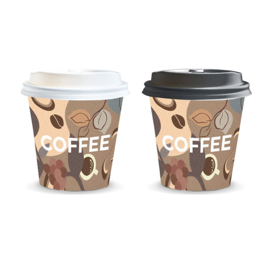 A paper coffee cup set in brown and cream, with one featuring a white lid and the other a black lid, both displaying a logo.