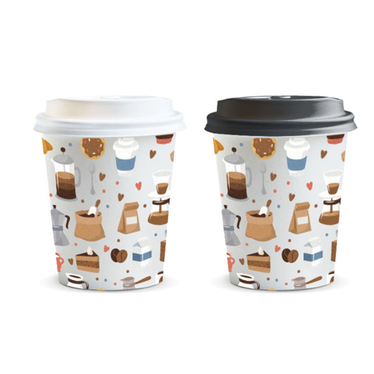 Two patterned coffee cups with white and black lids, featuring illustrations of coffee-related items on a light background.