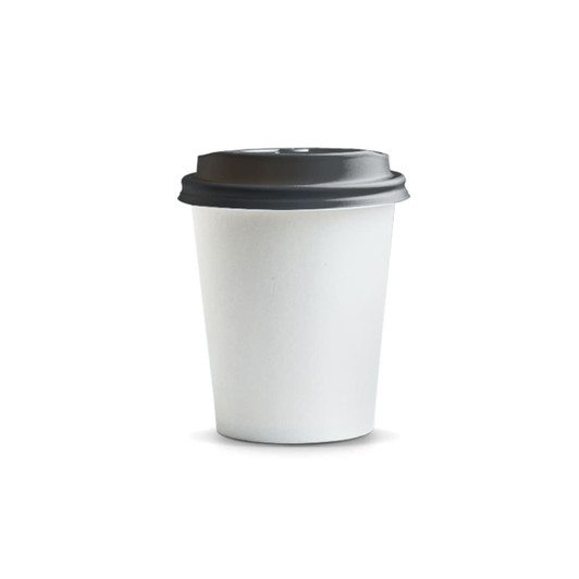 A white paper coffee cup with a black lid, holding 230ml of liquid. The cup features a logo.