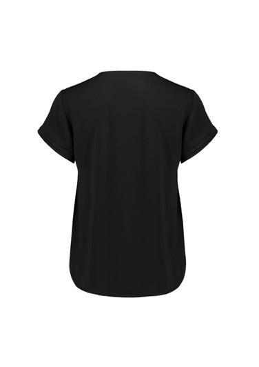 A black short sleeve blouse with a relaxed fit and rolled sleeves, featuring a logo on the back.