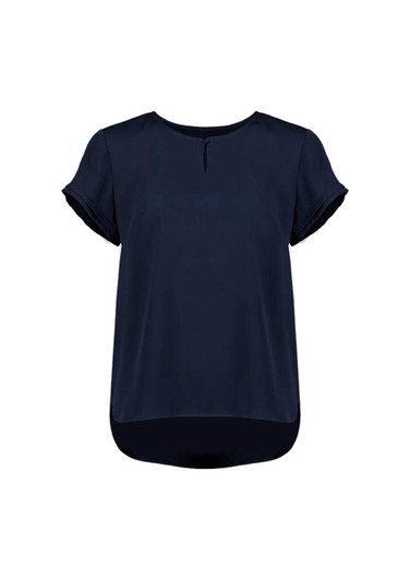 A navy blue women's short sleeve blouse with a round neckline and rolled sleeves, featuring a slightly longer back.