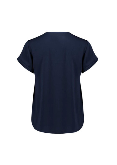 A navy short sleeve blouse with a relaxed fit and rolled sleeves, featuring a solid design and no visible branding.