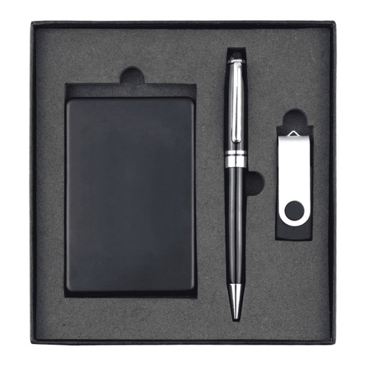 A black gift set including a power bank, USB drive, and a pen, neatly displayed in a black box.