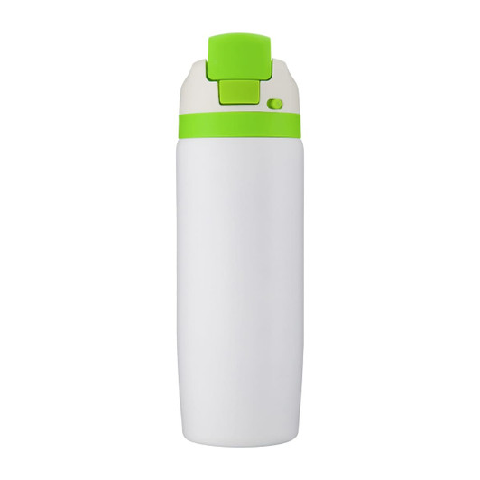 A drink bottle featuring a white body and a bright green cap, with a logo on its surface.