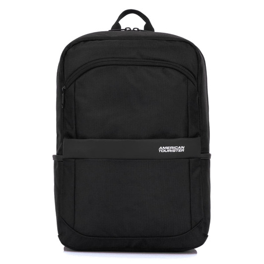 A black backpack featuring a front pocket and a branded logo, designed with a sleek, modern style.