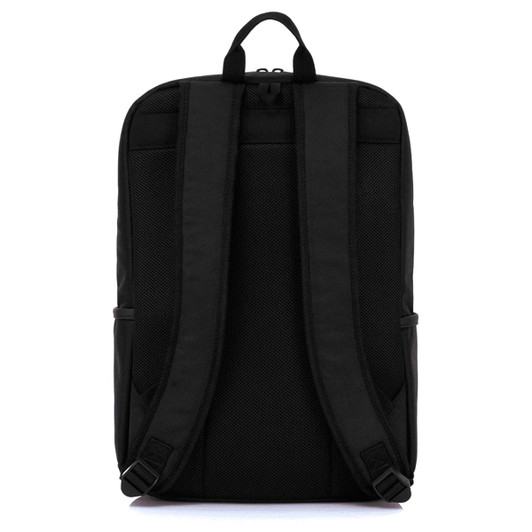 A black backpack with padded shoulder straps and a top handle. It features a simple and sleek design.
