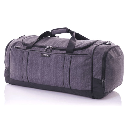A grey duffle bag with multiple compartments, featuring a sturdy handle and a sleek design, includes branding.