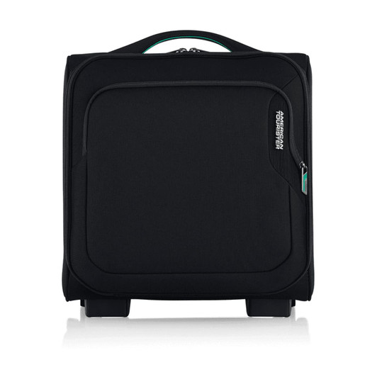 A black underseat travel bag with wheels and a handle, featuring a front pocket and a logo.