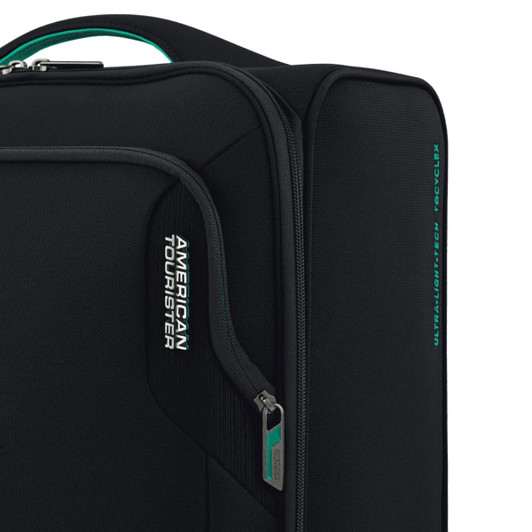 A black travel underseater bag with a zipper and a branding logo. Features a teal accent on the handle.