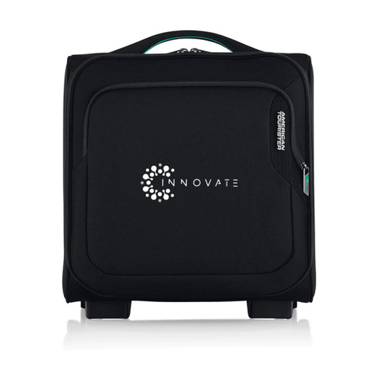 A black wheeled bag with a front pocket and a logo, designed for travel convenience.