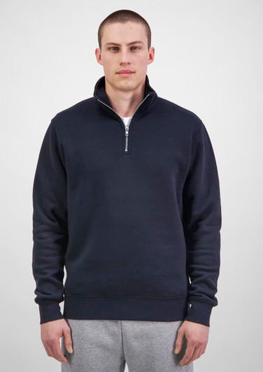 A black men's 1/4 zip sweatshirt with a high collar and a front zipper, featuring a logo.