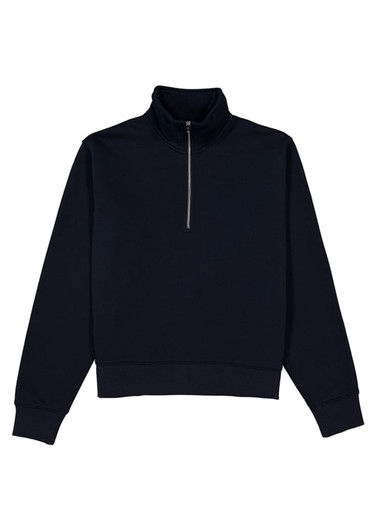A navy women's jumper featuring a 1/4 zip and a high collar, complete with long sleeves.
