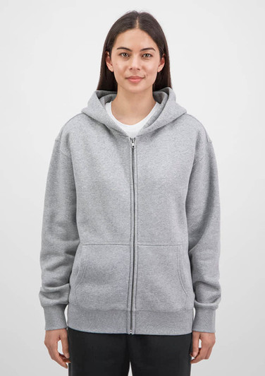 A grey women's zip hoodie with a front zipper and hood, featuring a subtle logo.