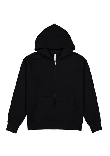 A black zip-up hoodie featuring a hood and front pockets, with a logo on the label.