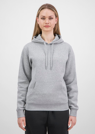 A grey women's hoodie featuring a front pocket and a drawstring hood, displayed on a model.