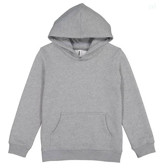 A grey hoodie with a front pocket and an attached hood, featuring a logo.
