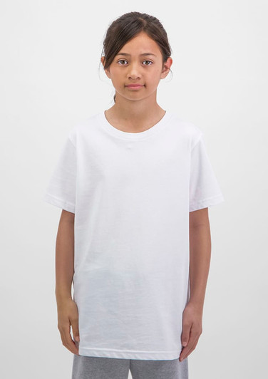 A white short sleeve tee for kids, displayed on a model standing against a neutral background.