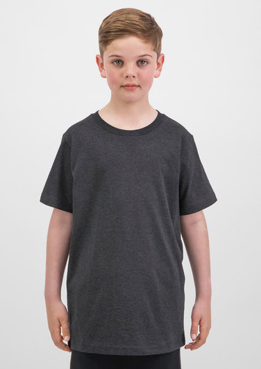 A dark grey short sleeve tee is displayed on a child, featuring a simple design and relaxed fit.