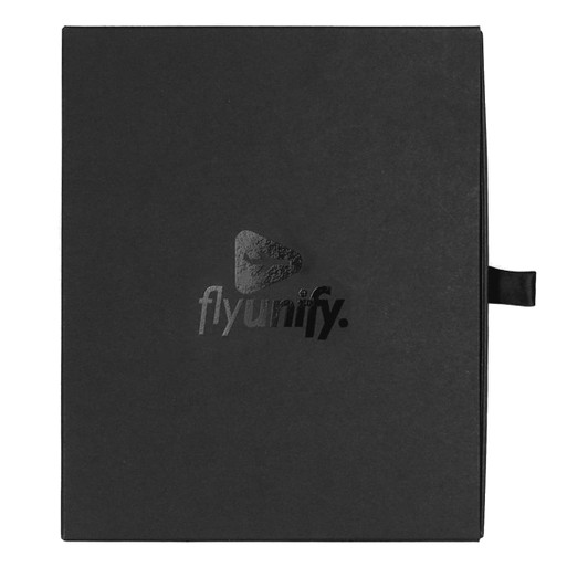 A black gift box featuring a logo, designed for a travel gift set. It has a ribbon closure for secure fastening.