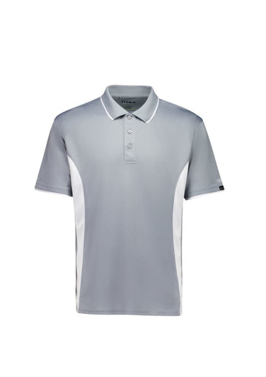 A light grey short sleeve polo shirt with white side panels and a collar, featuring a logo on the sleeve.