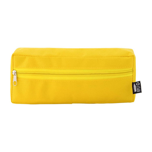 A yellow utility case with a zippered compartment and a branding label on one side.