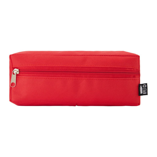 A red utility case with a zip closure and a branding label on the side.