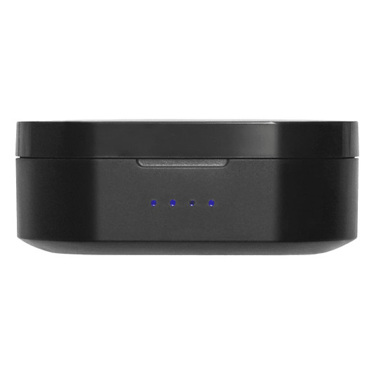 A black charging case for Prixton TWS157 earbuds with indicator lights.