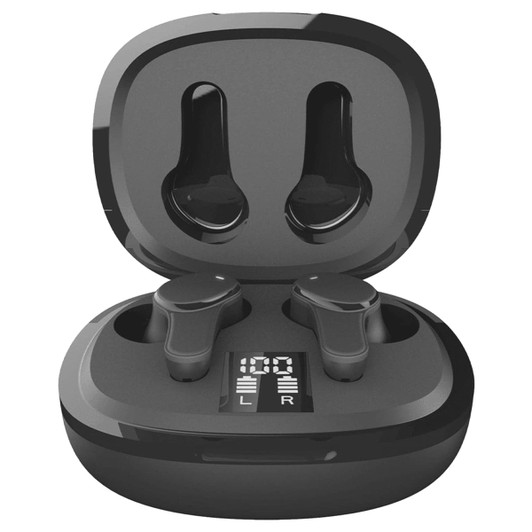 A pair of black Prixton TWS159 ENC and ANC earbuds in a charging case with a digital display.
