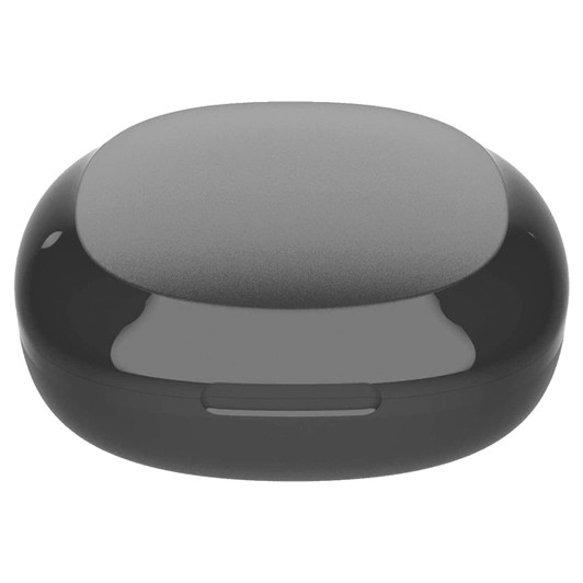 A black charging case for earbuds with a smooth surface and a compact shape. It features a logo on the front.