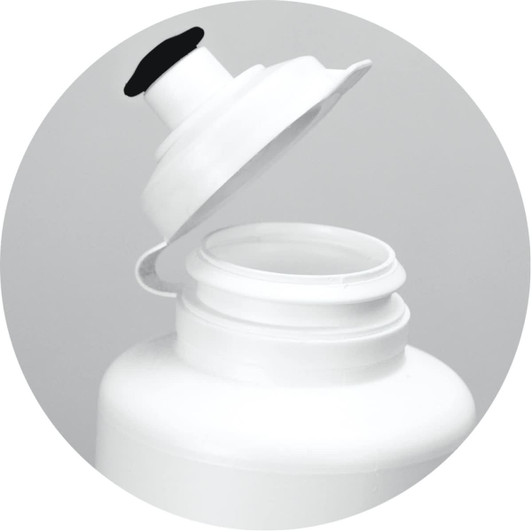 A drink bottle in white with a black lid, featuring a wide opening for easy filling and cleaning.